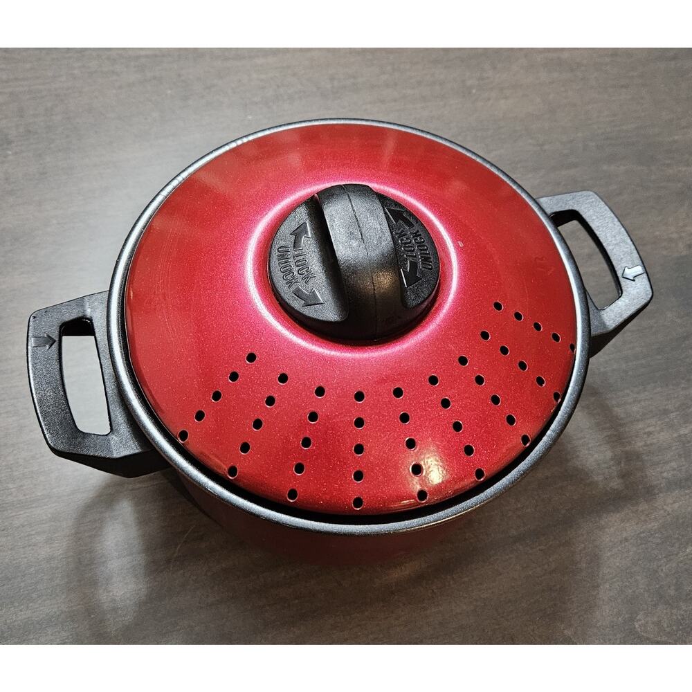 Steel Red Pasta Pot Strainer Lid Nonstick 7” Locking Lid